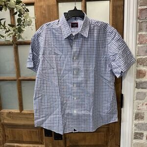 UNTUCKit Shirt Mens Medium Blue Check Slim Fit Dante Short Sleeve Button Up‎
